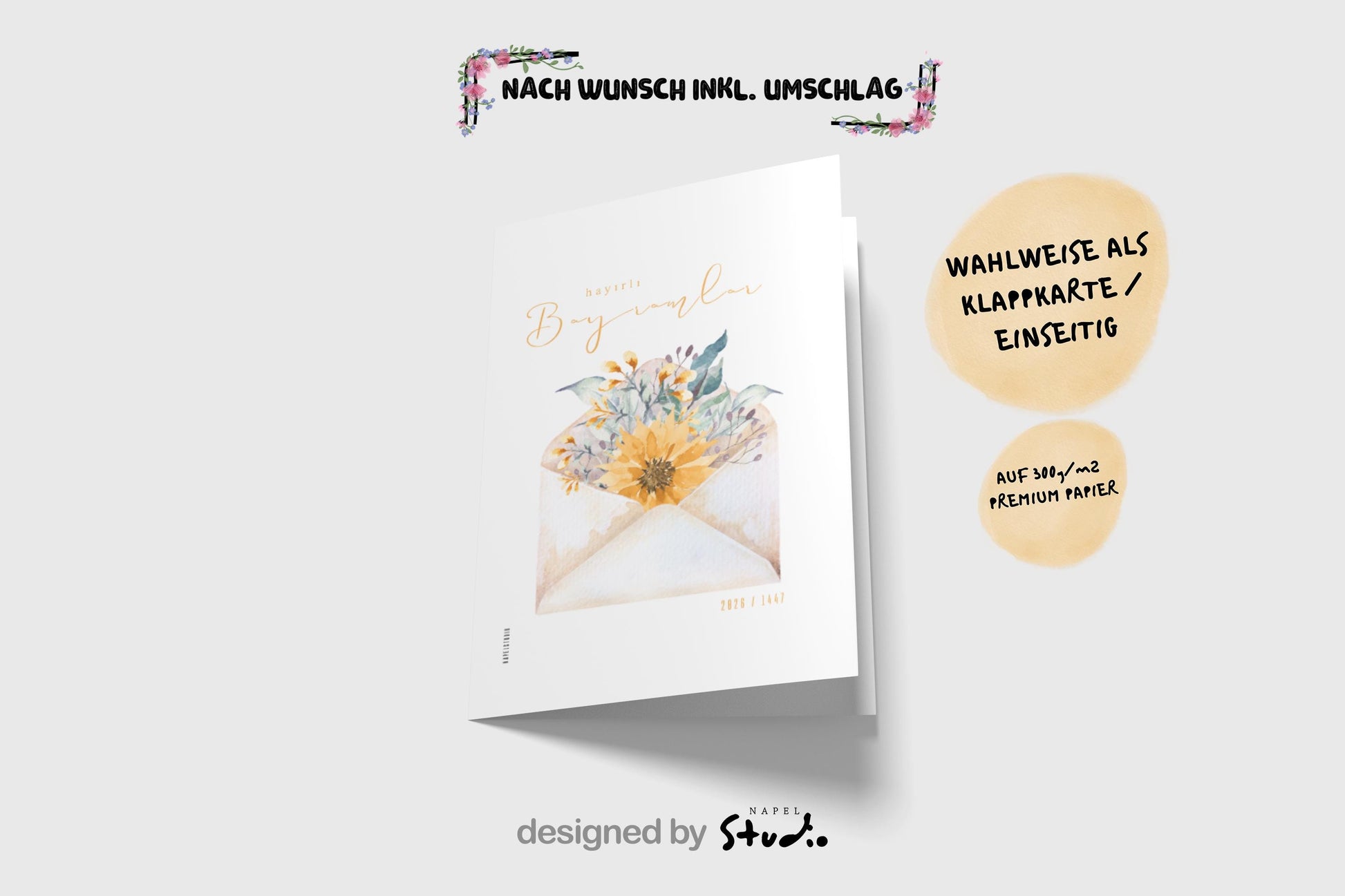 Hayirli Bayramlar Karte | Minimalistische Eid Grußkarte mit Blumen im Umschlag Illustration