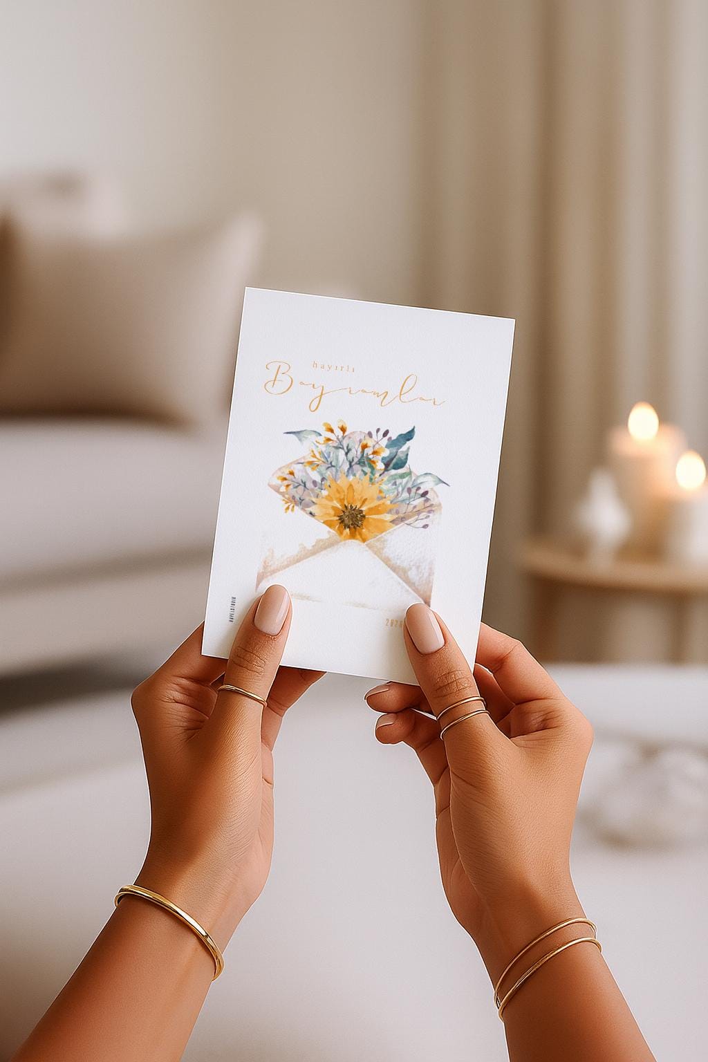 Hayirli Bayramlar Karte | Minimalistische Eid Grußkarte mit Blumen im Umschlag Illustration