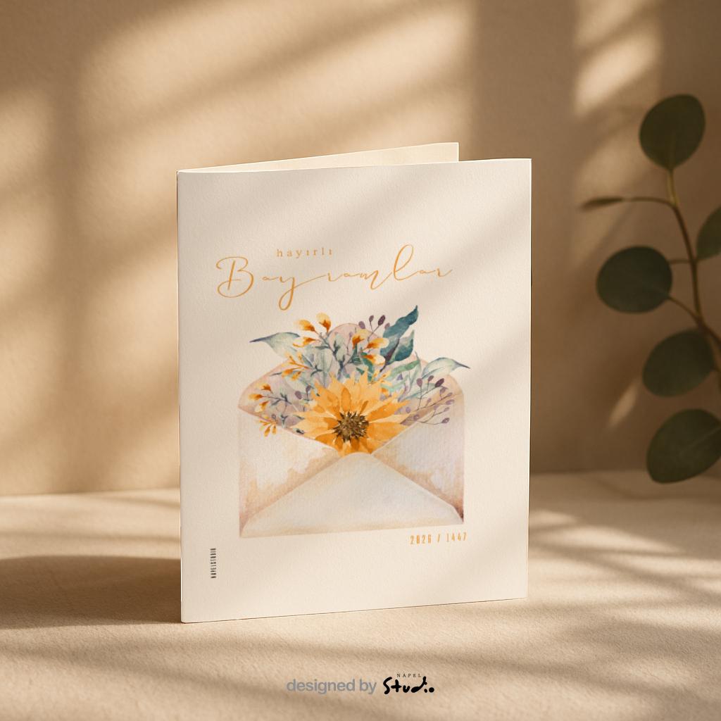 Hayirli Bayramlar Karte | Minimalistische Eid Grußkarte mit Blumen im Umschlag Illustration