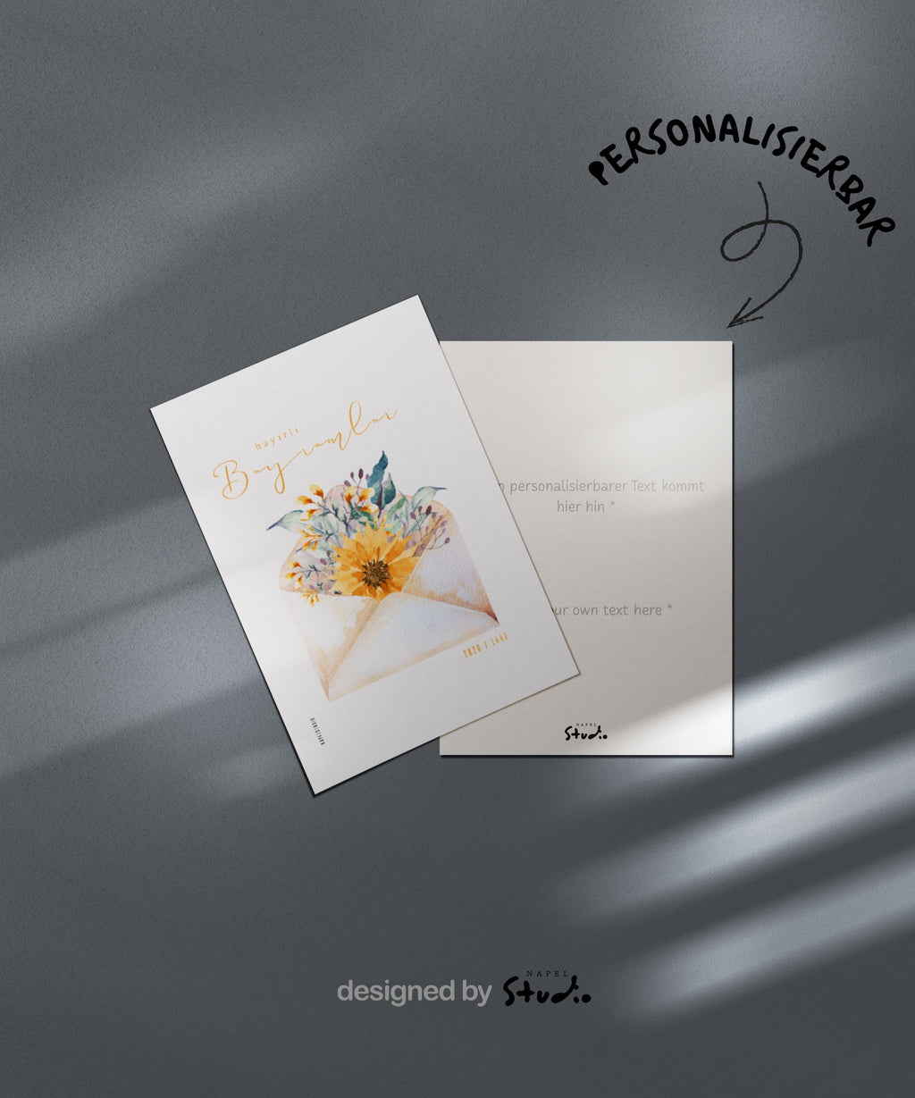 Hayirli Bayramlar Karte | Minimalistische Eid Grußkarte mit Blumen im Umschlag Illustration