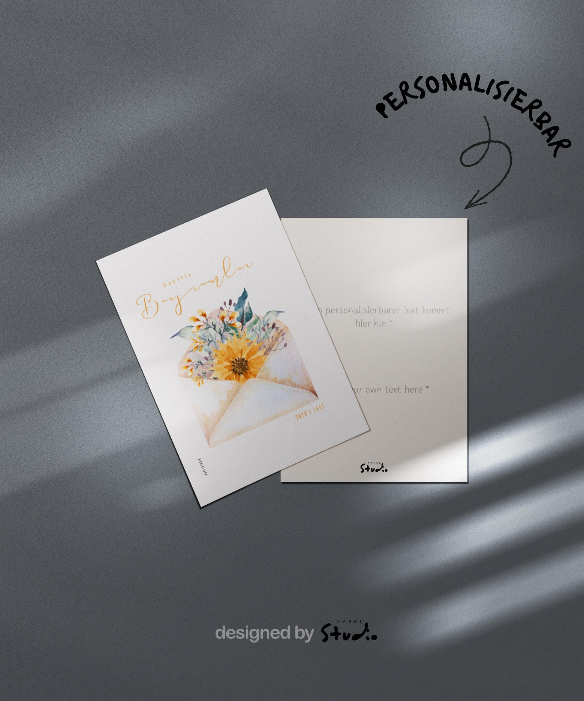 Hayirli Bayramlar Karte | Minimalistische Eid Grußkarte mit Blumen im Umschlag Illustration
