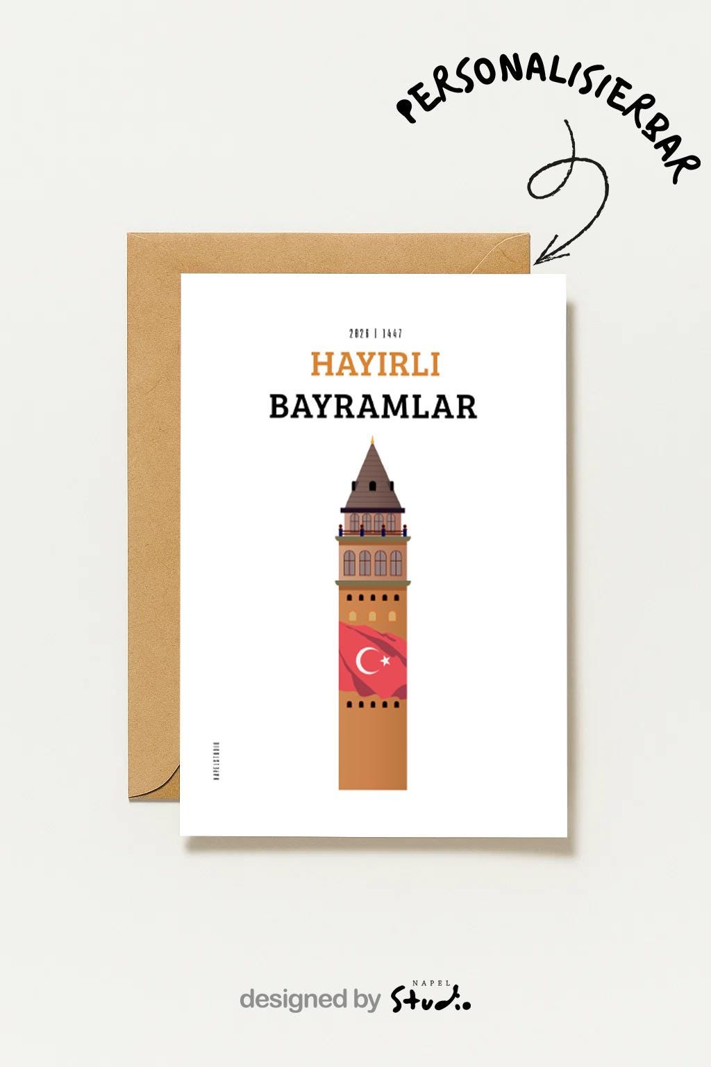 Hayirli Bayramlar Karte | Minimalistische Eid Grußkarte mit Galata Turm und türkischer Flagge