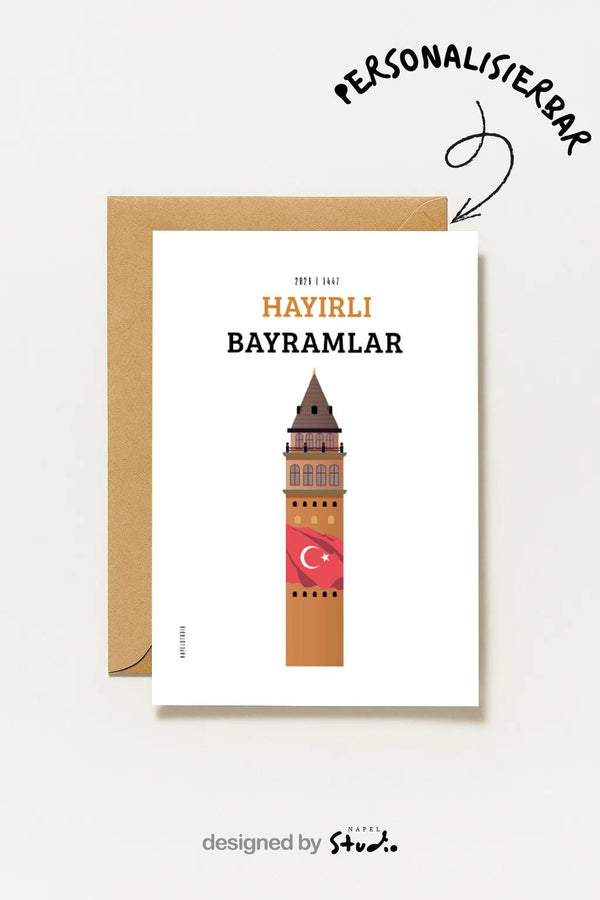 Hayirli Bayramlar Karte | Minimalistische Eid Grußkarte mit Galata Turm und türkischer Flagge