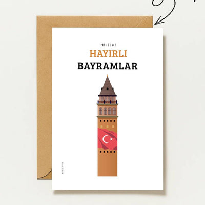 Hayirli Bayramlar Karte | Minimalistische Eid Grußkarte mit Galata Turm und türkischer Flagge
