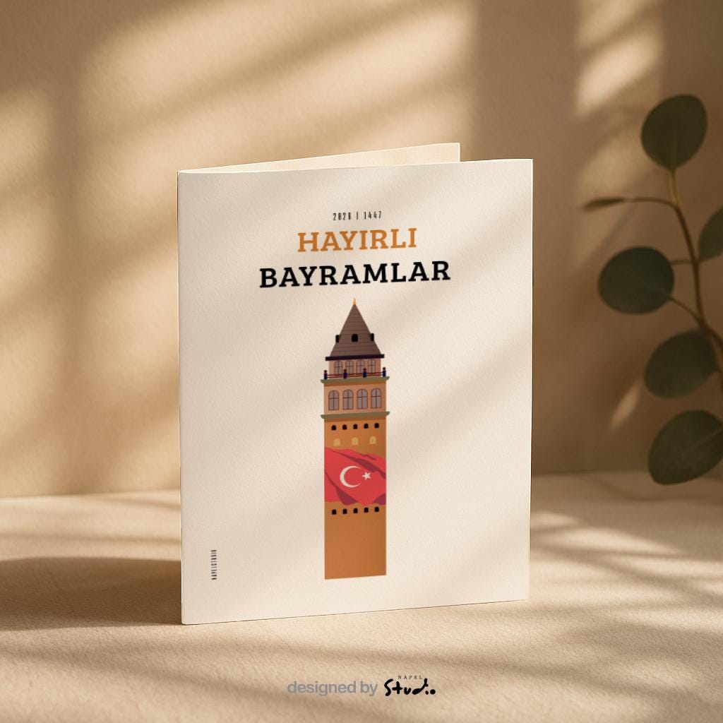 Hayirli Bayramlar Karte | Minimalistische Eid Grußkarte mit Galata Turm und türkischer Flagge