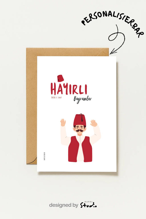 Hayirli Bayramlar Karte | Minimalistische Eid Grußkarte mit traditioneller türkischer Figur
