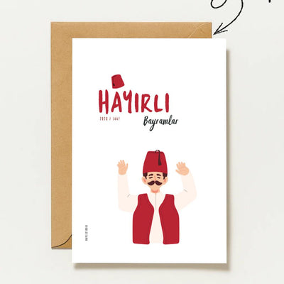 Hayirli Bayramlar Karte | Minimalistische Eid Grußkarte mit traditioneller türkischer Figur