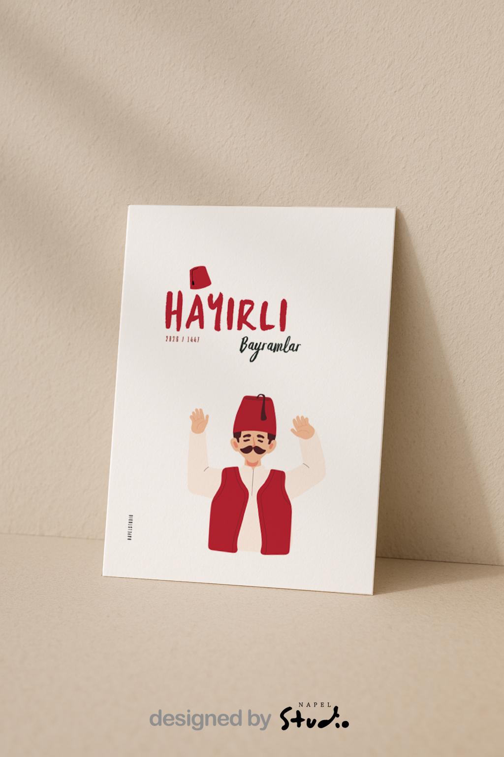 Hayirli Bayramlar Karte | Minimalistische Eid Grußkarte mit traditioneller türkischer Figur