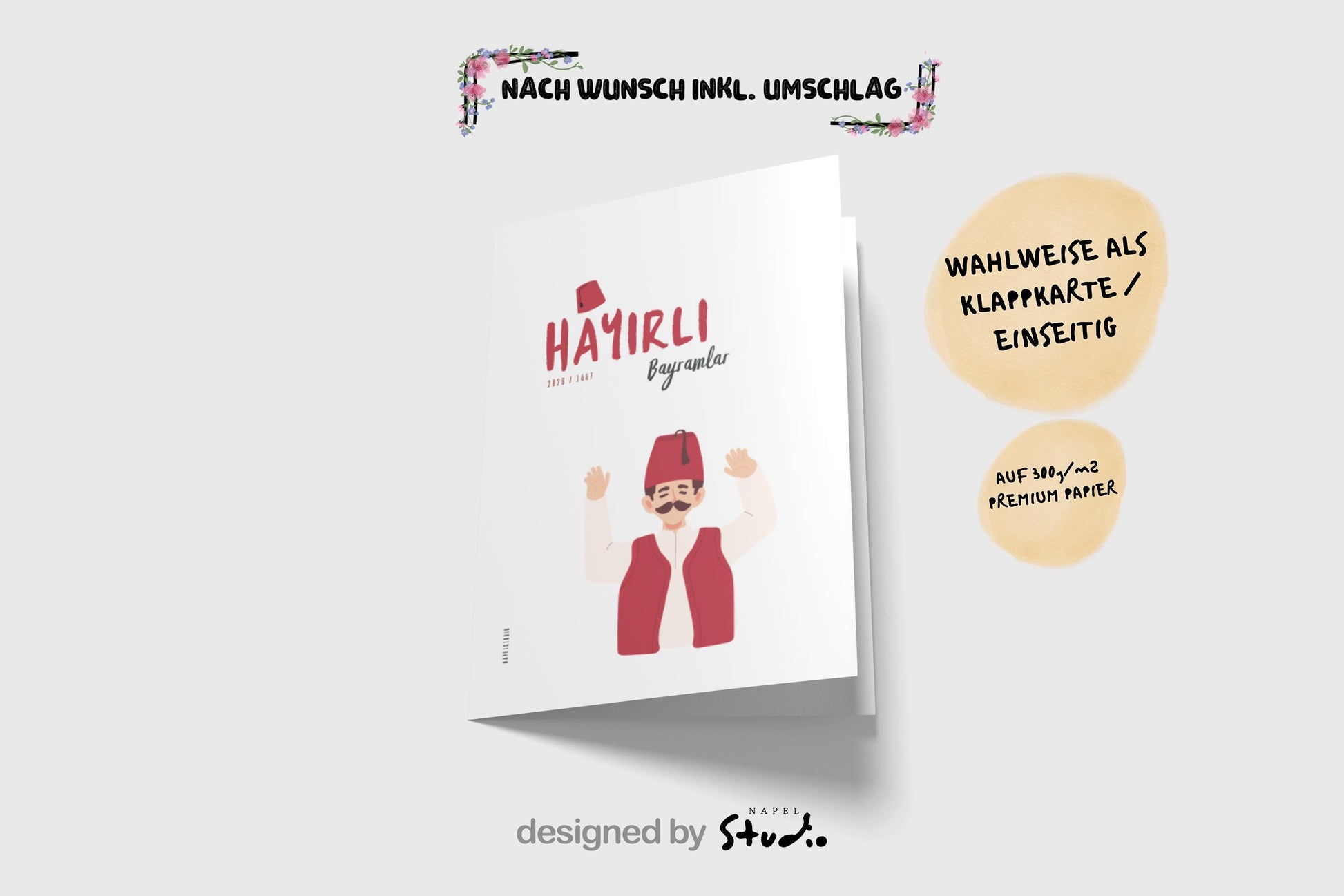 Hayirli Bayramlar Karte | Minimalistische Eid Grußkarte mit traditioneller türkischer Figur