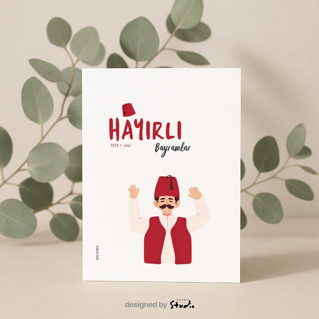Hayirli Bayramlar Karte | Minimalistische Eid Grußkarte mit traditioneller türkischer Figur