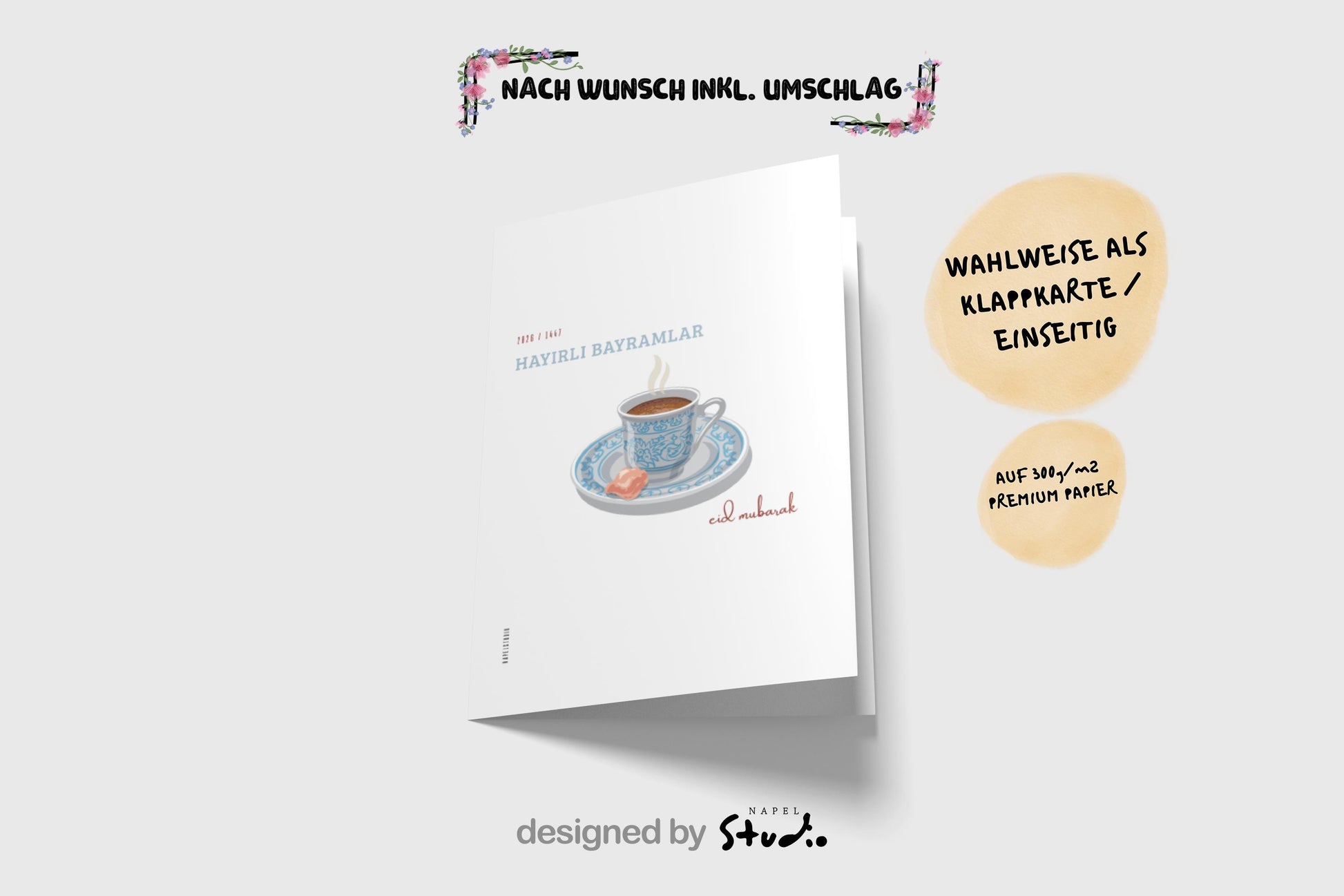 Hayirli Bayramlar Karte | Minimalistische Eid Grußkarte mit türkischer Kaffeetasse und Lokum