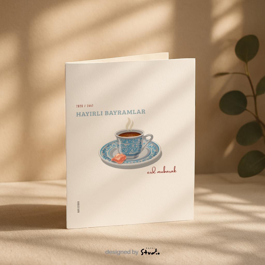 Hayirli Bayramlar Karte | Minimalistische Eid Grußkarte mit türkischer Kaffeetasse und Lokum