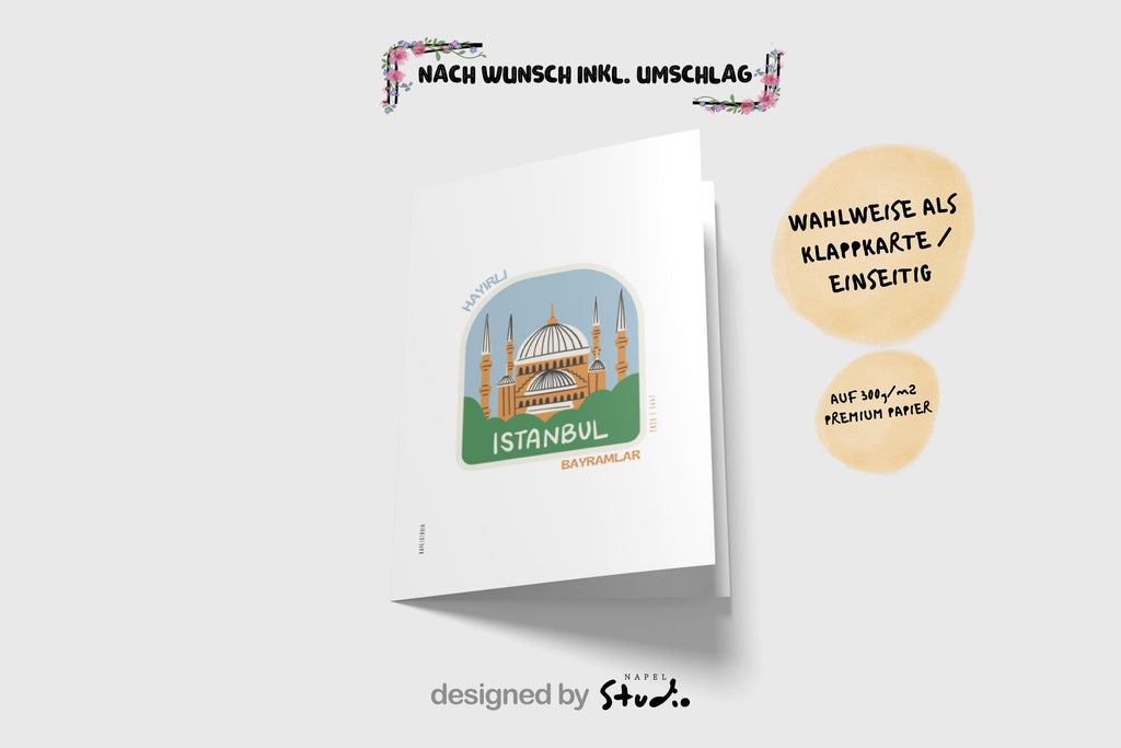 Hayirli Bayramlar Karte | Minimalistische Eid Grußkarte mit Moschee in Istanbul Illustration