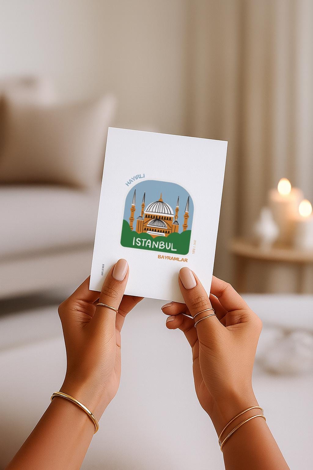 Hayirli Bayramlar Karte | Minimalistische Eid Grußkarte mit Moschee in Istanbul Illustration