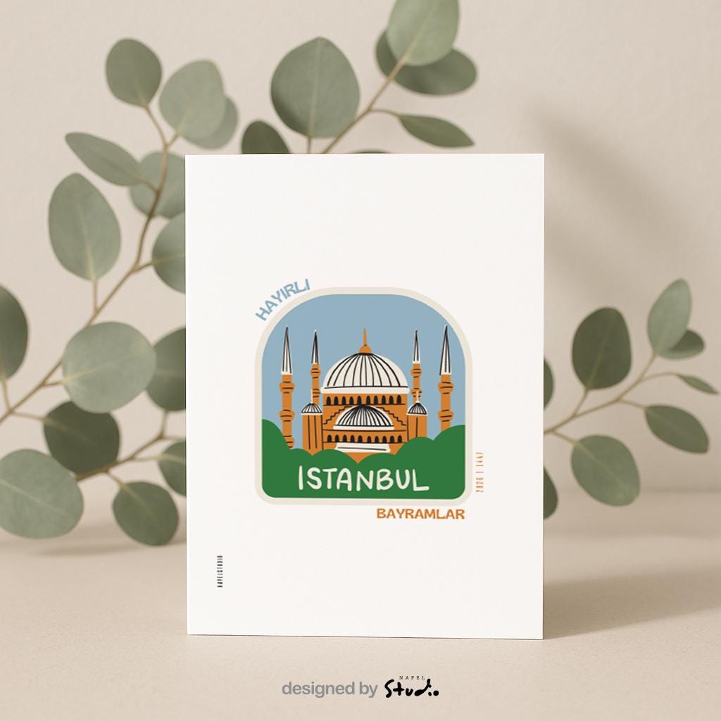 Hayirli Bayramlar Karte | Minimalistische Eid Grußkarte mit Moschee in Istanbul Illustration