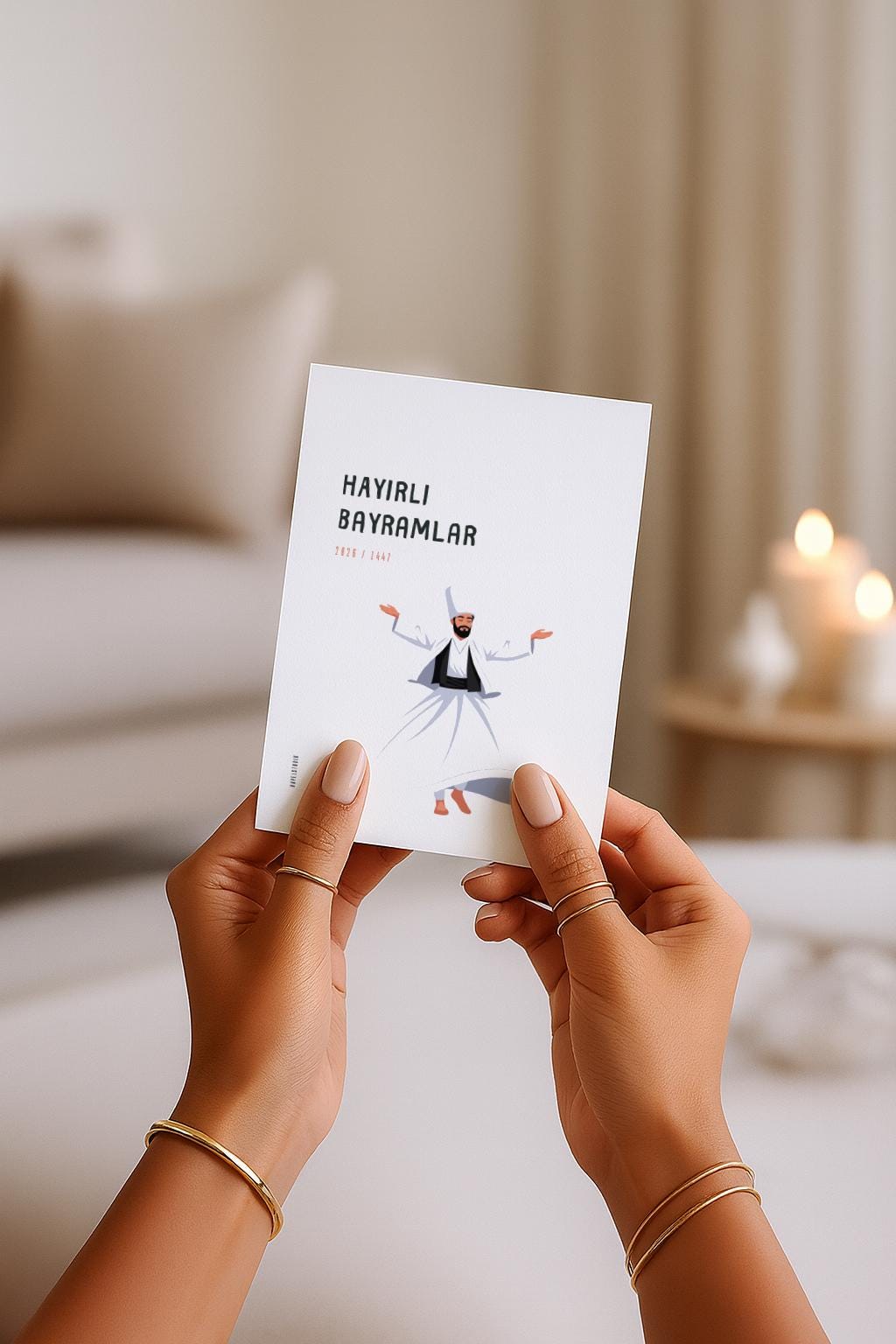 Hayirli Bayramlar Karte | Minimalistische Eid Grußkarte mit tanzendem Derwisch Illustration