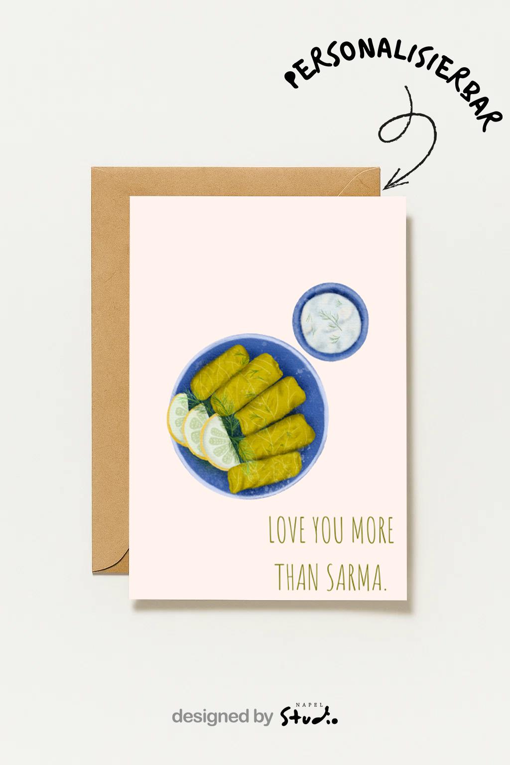 Love You More Than Sarma Grußkarte | Lustige türkische Liebeskarte mit Food Motiv
