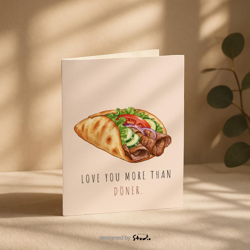 Love You More Than Döner Grußkarte | Lustige türkische Liebeskarte mit Food Motiv
