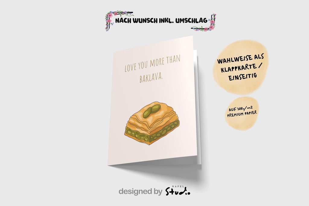 Love You More Than Baklava Grußkarte | Lustige türkische Liebeskarte mit Food Motiv