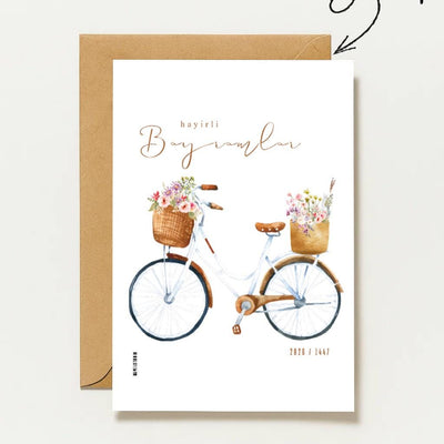 Hayirli Bayramlar Karte | Minimalistische Eid Grußkarte mit Vintage Fahrrad und Blumen Illustration