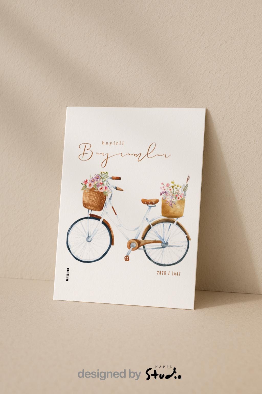 Hayirli Bayramlar Karte | Minimalistische Eid Grußkarte mit Vintage Fahrrad und Blumen Illustration