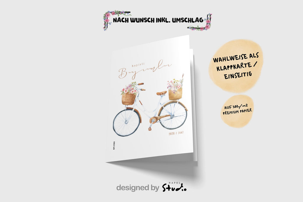 Hayirli Bayramlar Karte | Minimalistische Eid Grußkarte mit Vintage Fahrrad und Blumen Illustration