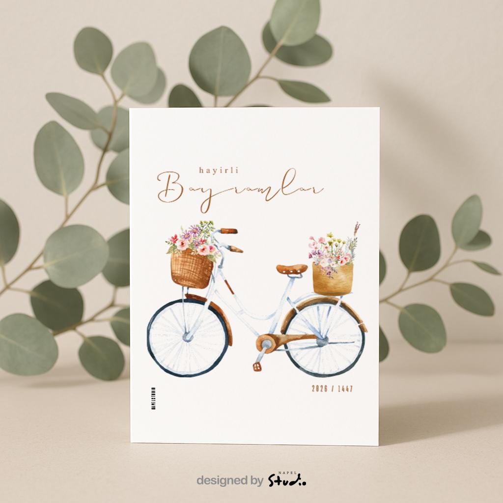 Hayirli Bayramlar Karte | Minimalistische Eid Grußkarte mit Vintage Fahrrad und Blumen Illustration