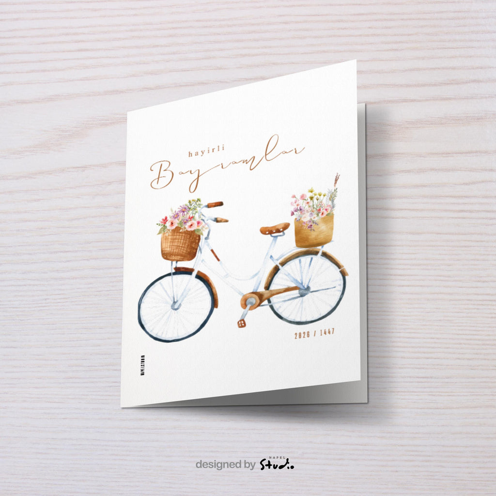 Hayirli Bayramlar Karte | Minimalistische Eid Grußkarte mit Vintage Fahrrad und Blumen Illustration