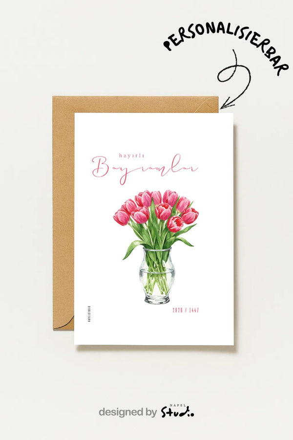 Hayirli Bayramlar Karte | Minimalistische Eid Grußkarte mit Tulpen Illustration