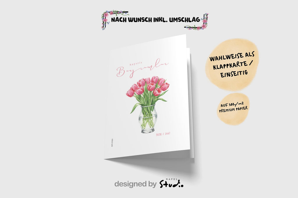 Hayirli Bayramlar Karte | Minimalistische Eid Grußkarte mit Tulpen Illustration