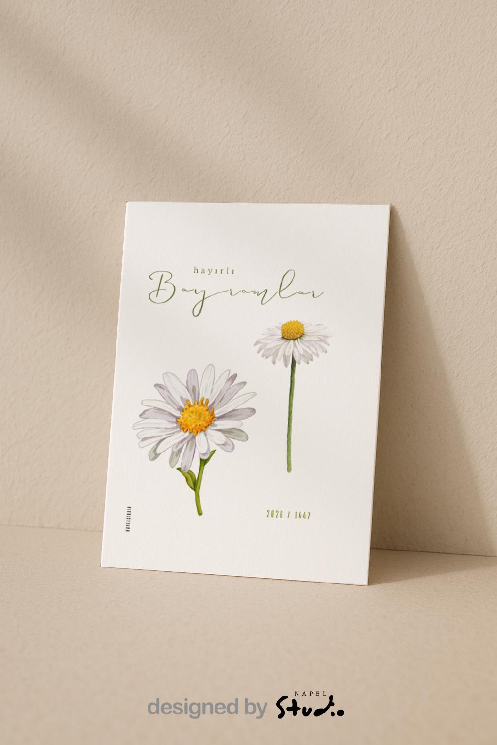 Hayirli Bayramlar Karte | Minimalistische Eid Grußkarte mit Gänseblumen Illustration