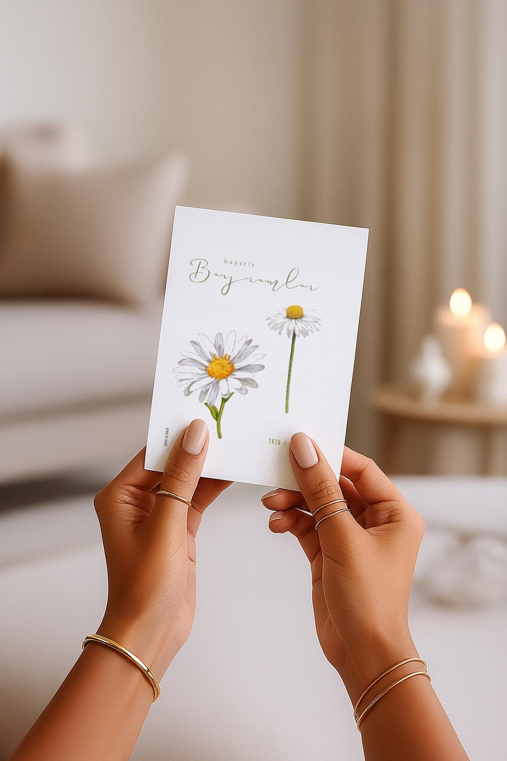 Hayirli Bayramlar Karte | Minimalistische Eid Grußkarte mit Gänseblumen Illustration