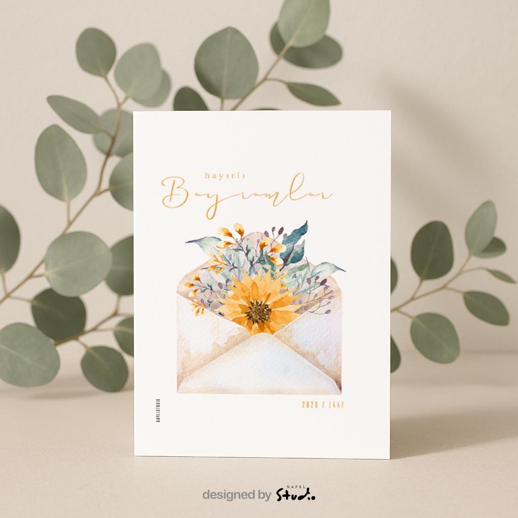 Hayirli Bayramlar Karte | Minimalistische Eid Grußkarte mit Blumen im Umschlag Illustration