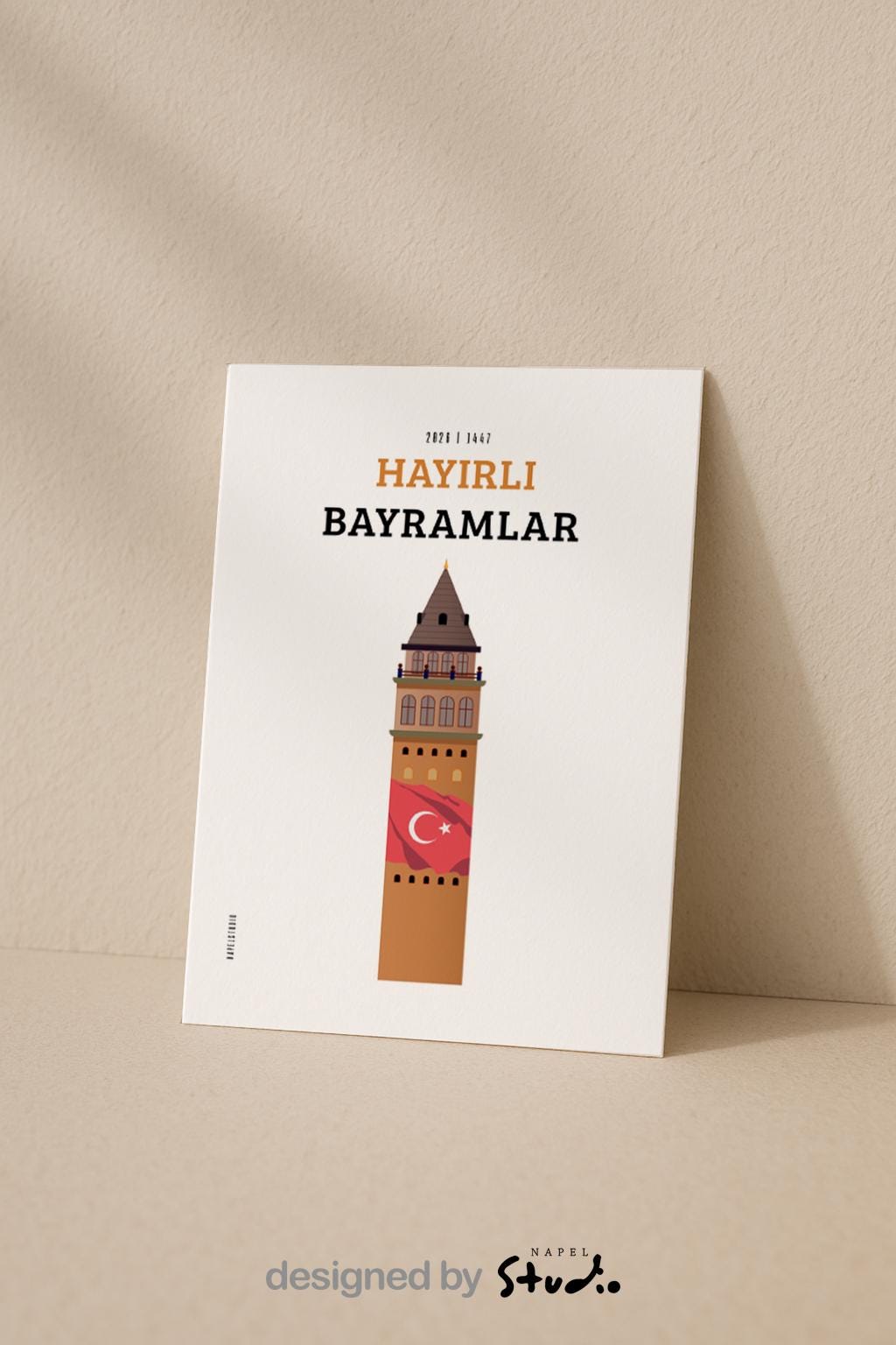 Hayirli Bayramlar Karte | Minimalistische Eid Grußkarte mit Galata Turm und türkischer Flagge