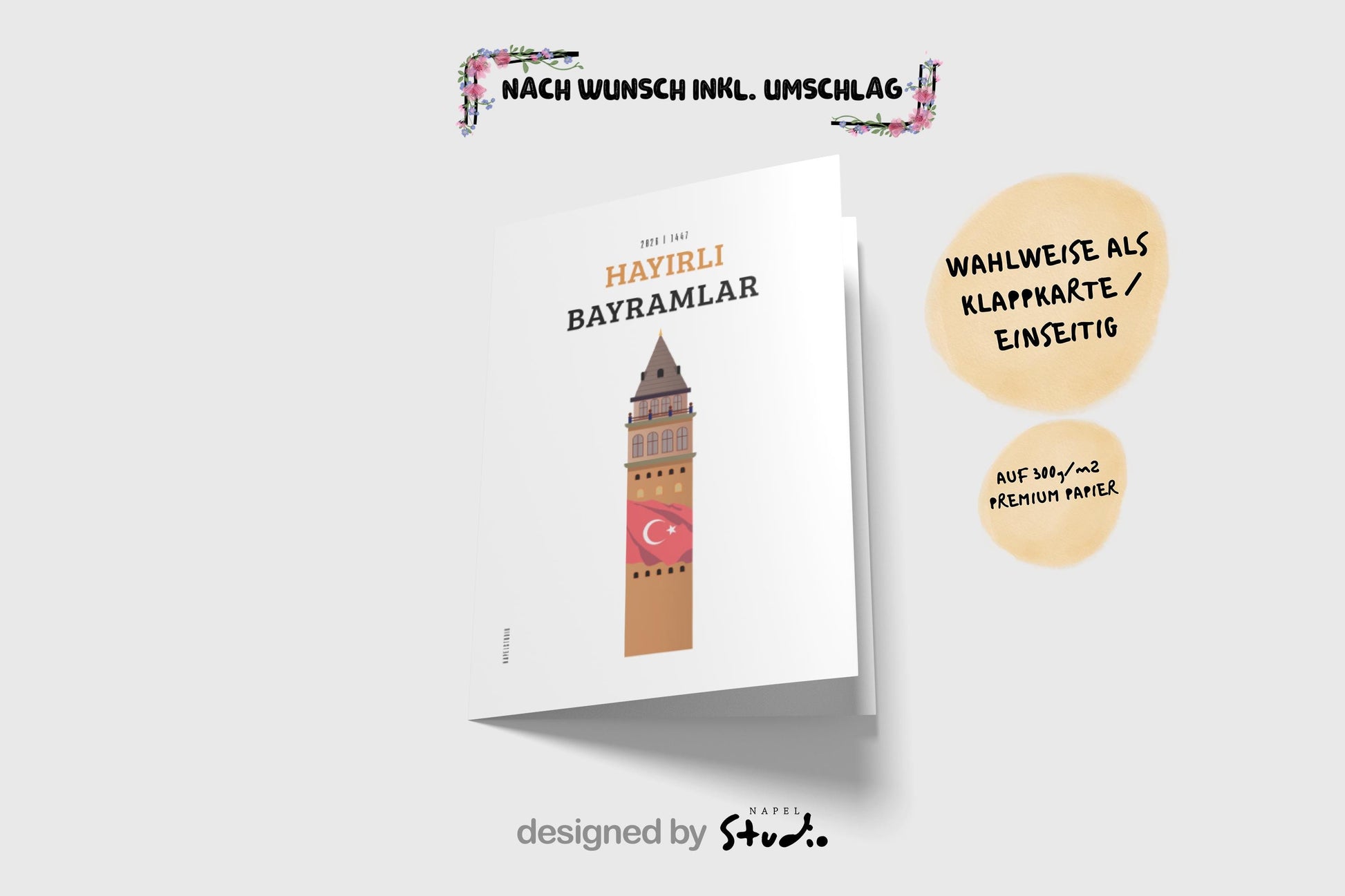 Hayirli Bayramlar Karte | Minimalistische Eid Grußkarte mit Galata Turm und türkischer Flagge