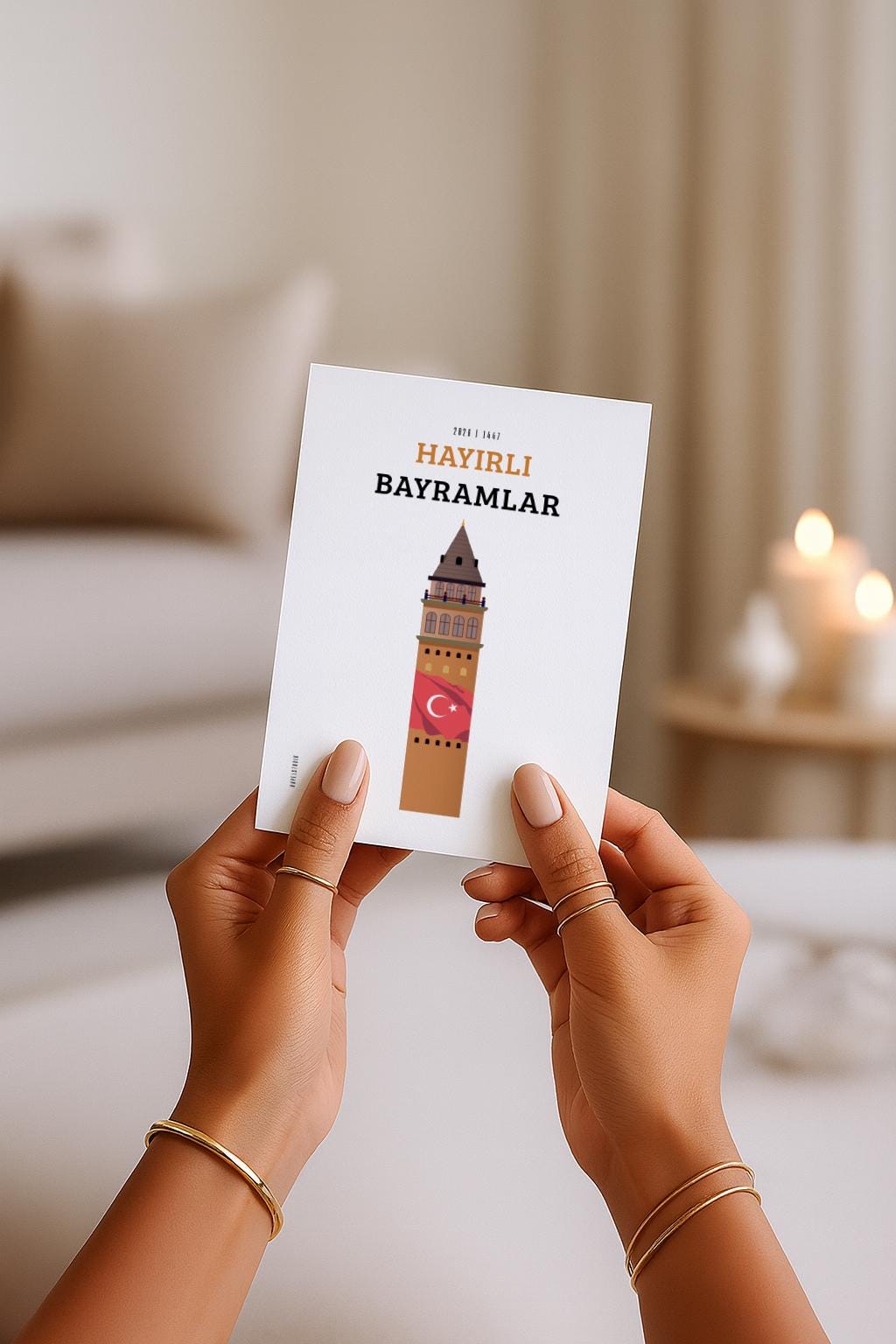 Hayirli Bayramlar Karte | Minimalistische Eid Grußkarte mit Galata Turm und türkischer Flagge