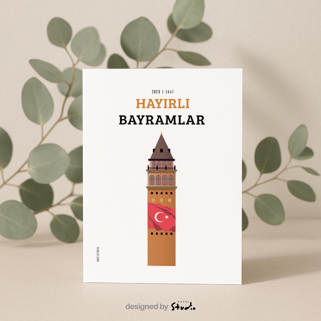 Hayirli Bayramlar Karte | Minimalistische Eid Grußkarte mit Galata Turm und türkischer Flagge