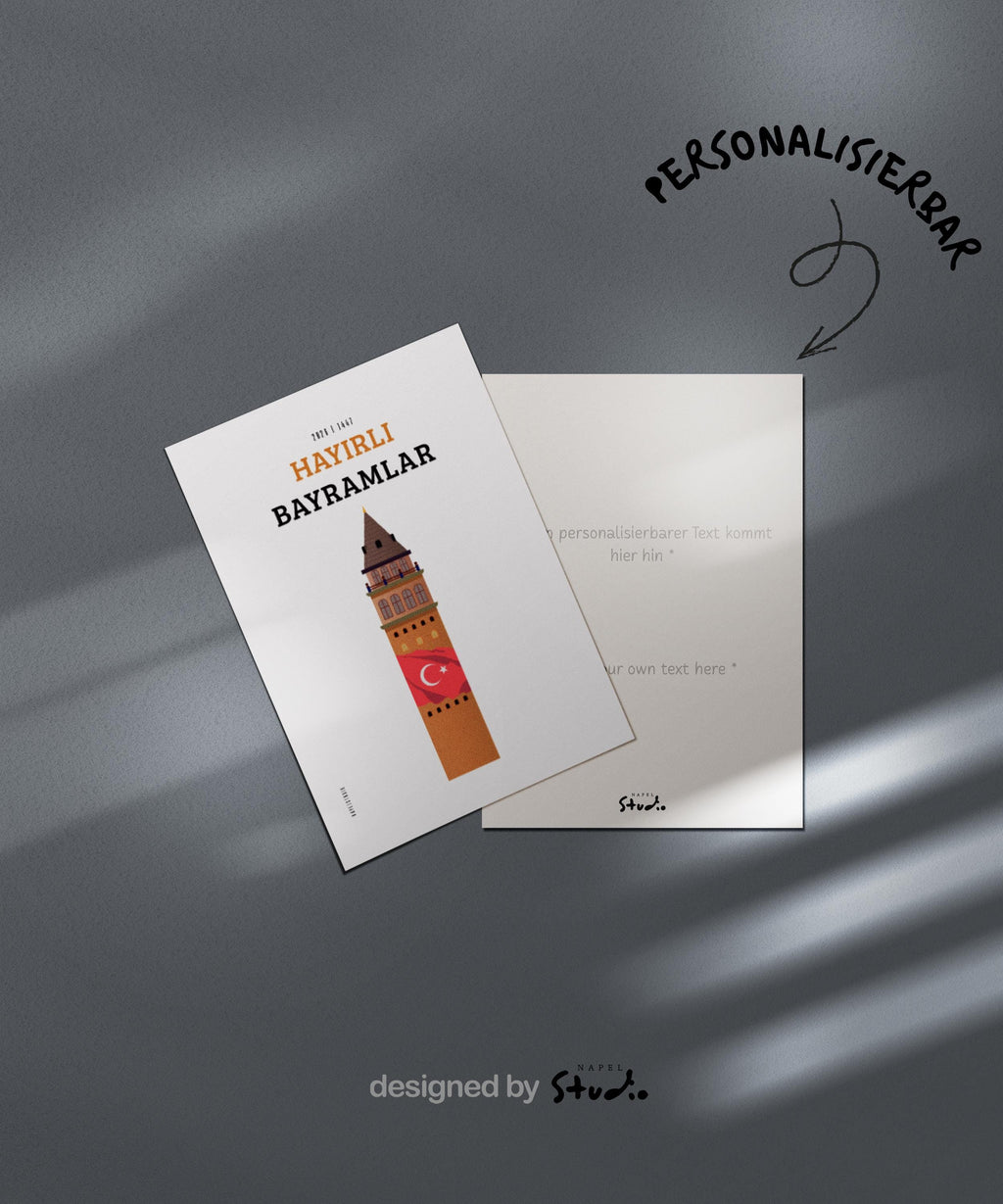Hayirli Bayramlar Karte | Minimalistische Eid Grußkarte mit Galata Turm und türkischer Flagge