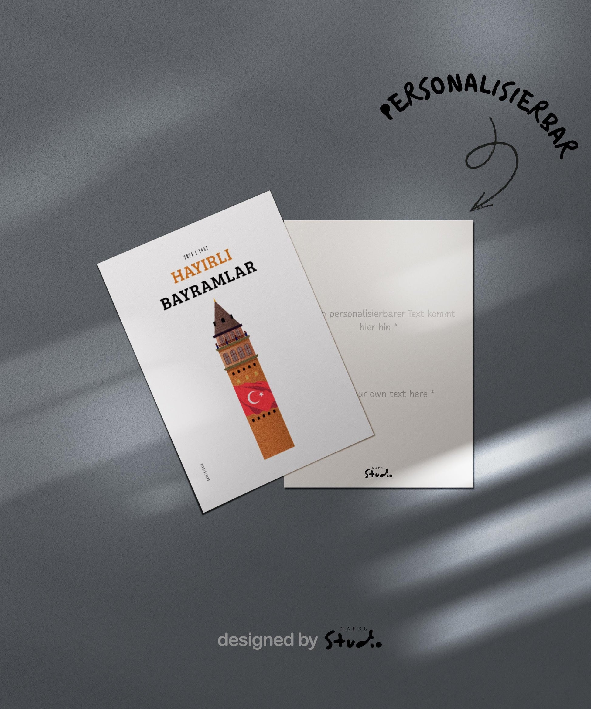 Hayirli Bayramlar Karte | Minimalistische Eid Grußkarte mit Galata Turm und türkischer Flagge