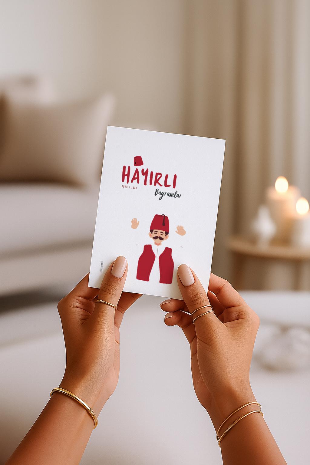 Hayirli Bayramlar Karte | Minimalistische Eid Grußkarte mit traditioneller türkischer Figur