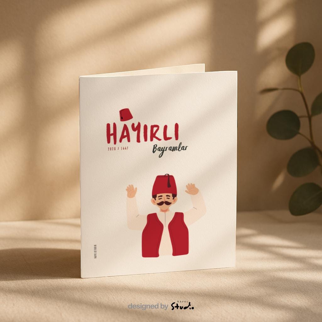Hayirli Bayramlar Karte | Minimalistische Eid Grußkarte mit traditioneller türkischer Figur