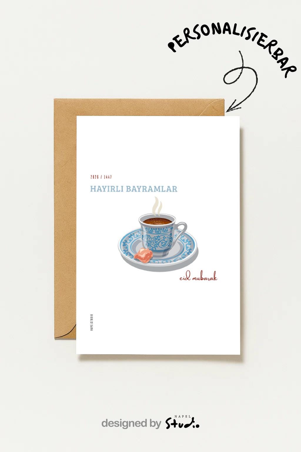 Hayirli Bayramlar Karte | Minimalistische Eid Grußkarte mit türkischer Kaffeetasse und Lokum
