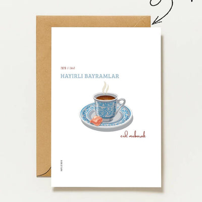 Hayirli Bayramlar Karte | Minimalistische Eid Grußkarte mit türkischer Kaffeetasse und Lokum