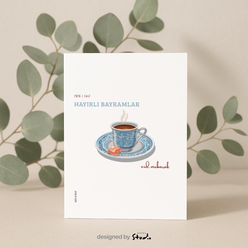 Hayirli Bayramlar Karte | Minimalistische Eid Grußkarte mit türkischer Kaffeetasse und Lokum