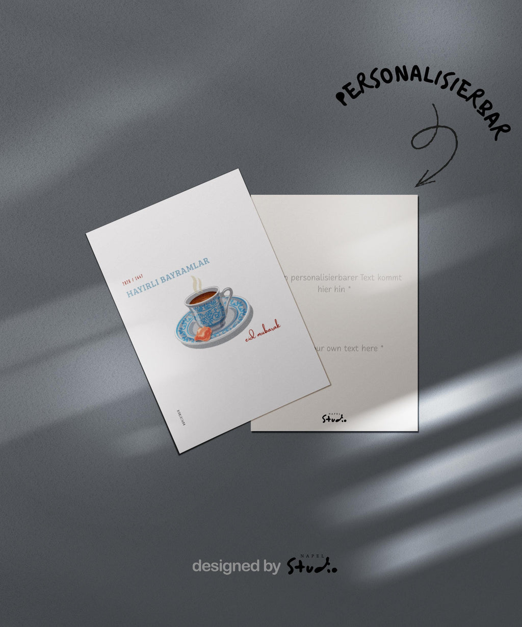 Hayirli Bayramlar Karte | Minimalistische Eid Grußkarte mit türkischer Kaffeetasse und Lokum