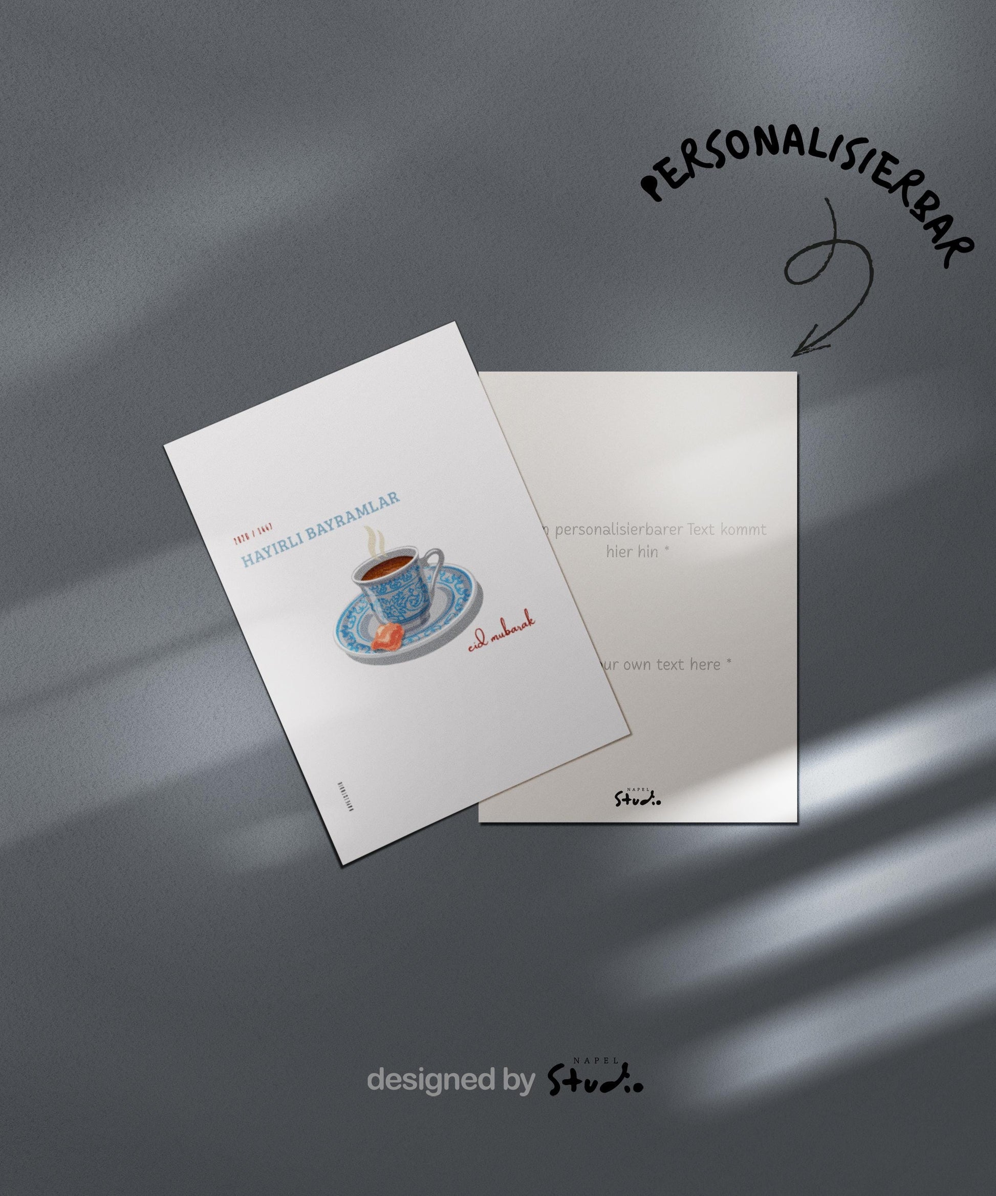 Hayirli Bayramlar Karte | Minimalistische Eid Grußkarte mit türkischer Kaffeetasse und Lokum