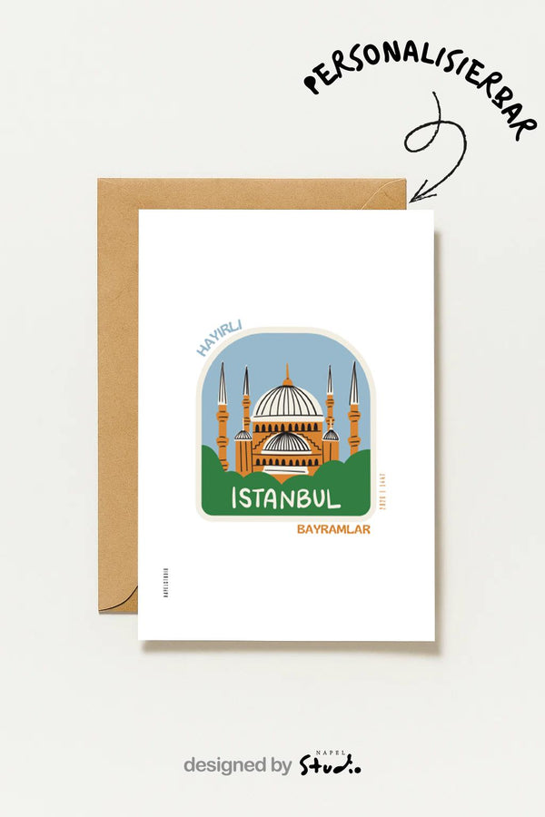 Hayirli Bayramlar Karte | Minimalistische Eid Grußkarte mit Moschee in Istanbul Illustration
