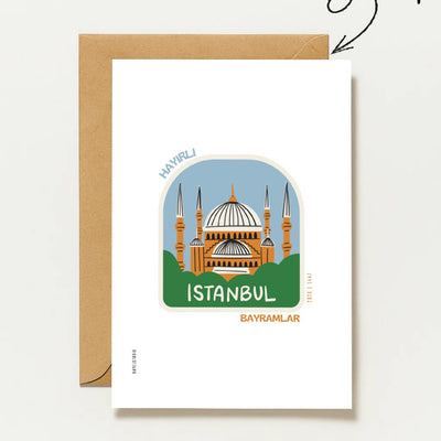 Hayirli Bayramlar Karte | Minimalistische Eid Grußkarte mit Moschee in Istanbul Illustration
