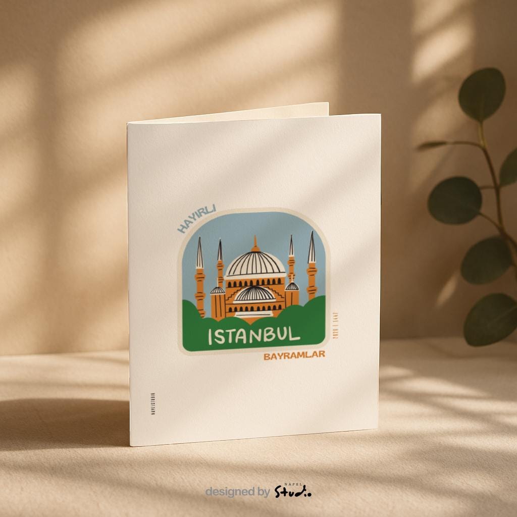Hayirli Bayramlar Karte | Minimalistische Eid Grußkarte mit Moschee in Istanbul Illustration