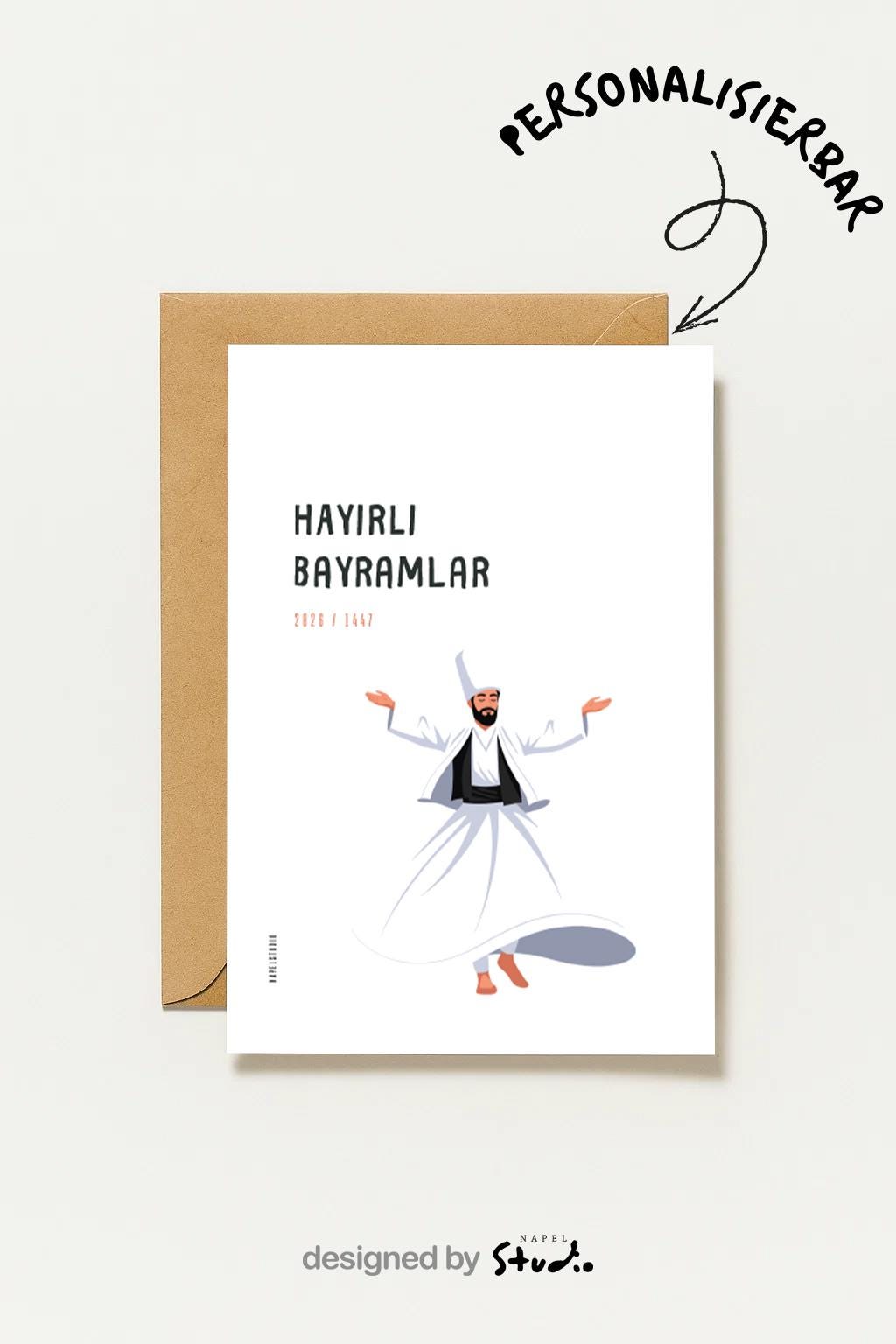 Hayirli Bayramlar Karte | Minimalistische Eid Grußkarte mit tanzendem Derwisch Illustration